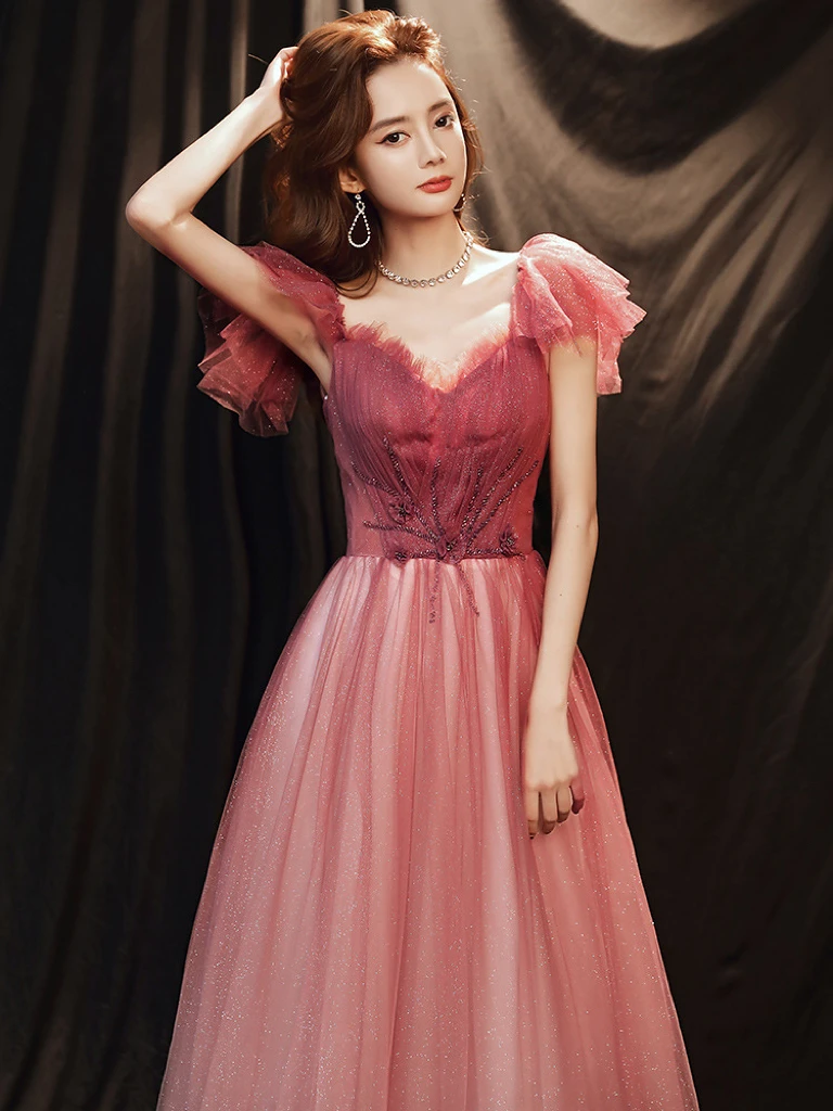 Peach Pink Bridesmaid Dresses V-Neck Flare Sleeve Pleat Applique Long Lace Up Sequined Bling A-Line Tulle Wedding Party Gowns
Peach Pink Bridesmaid Dresses V-Neck Flare Sleeve Pleat Applique Long Lace Up Sequined Bling A-Line Tulle Wedding Party Gowns