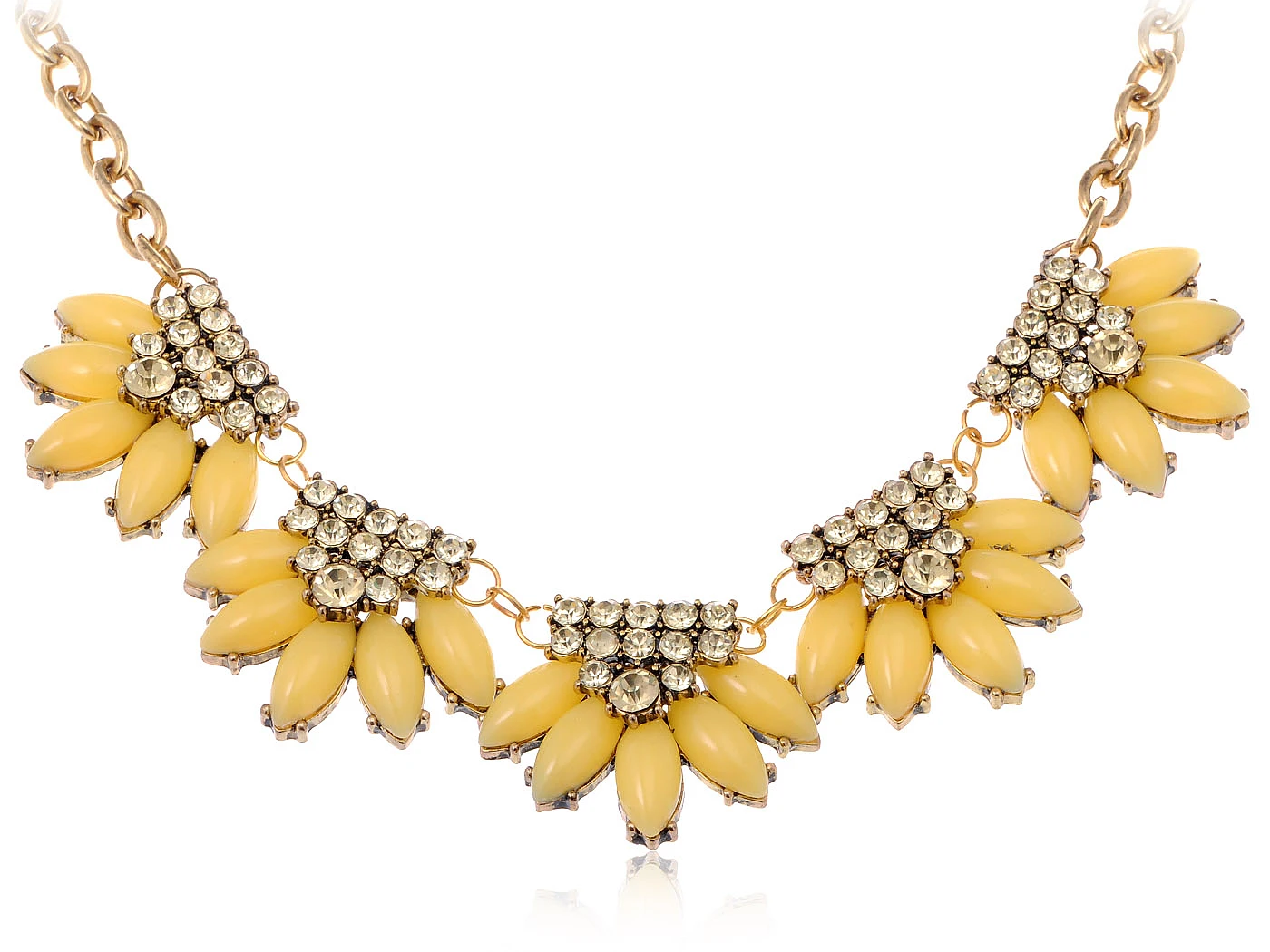 

Golden Tone Shine Topaz Crystal Rhinestones Yellow Beads Floral Bib Statement Pendant Necklace