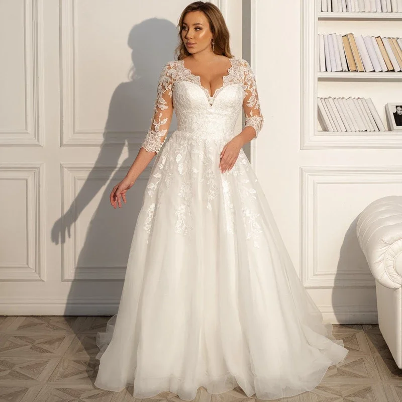 Plus Size A-line Lace Civil Wedding Dress Deep V-Neck Tulle Sweep Train Bridal Gown Feminino Vestidos For Woman
Plus Size A-line Lace Civil Wedding Dress Deep V-Neck Tulle Sweep Train Bridal Gown Feminino Vestidos For Woman