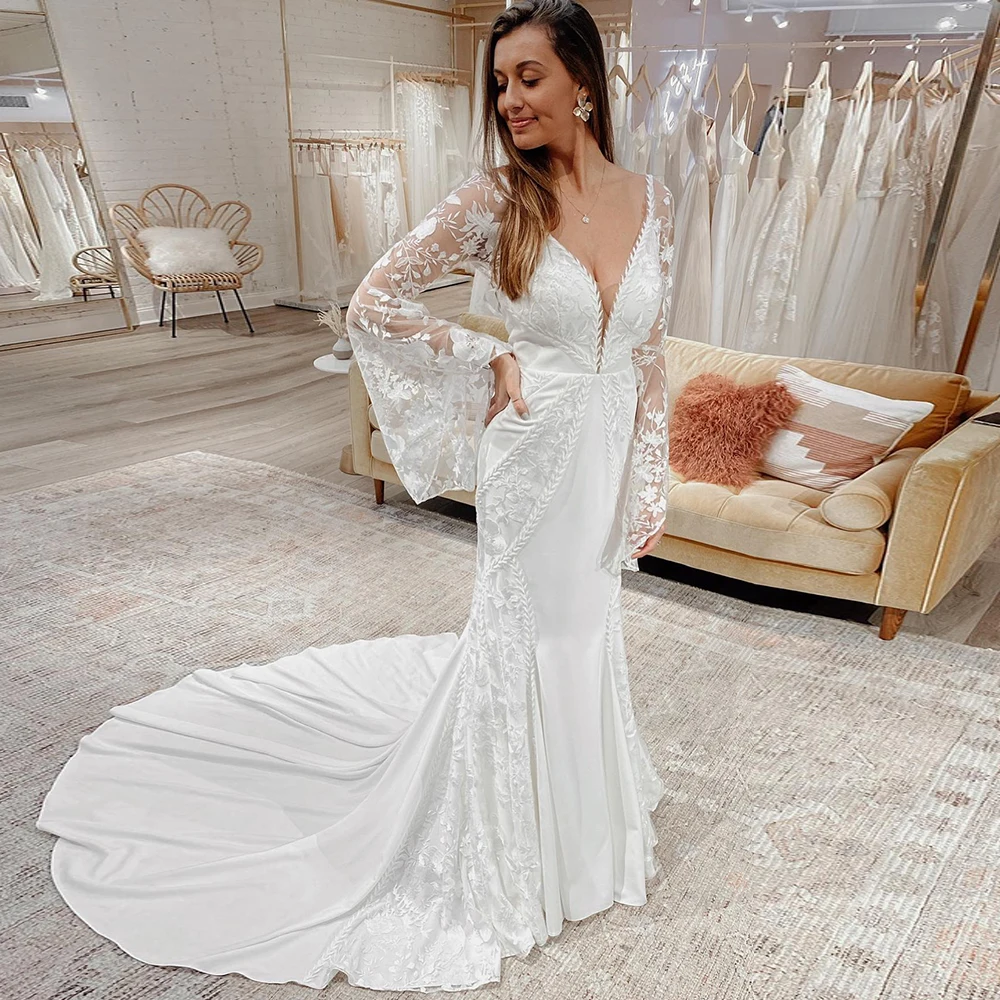 Satin Wedding Dresses For Women 2022 V-Neck Long Flare Sleeves Mermaid Bridal Gowns Lace Appliques Vestido De Noiva Custom Made
Satin Wedding Dresses For Women 2022 V-Neck Long Flare Sleeves Mermaid Bridal Gowns Lace Appliques Vestido De Noiva Custom Made