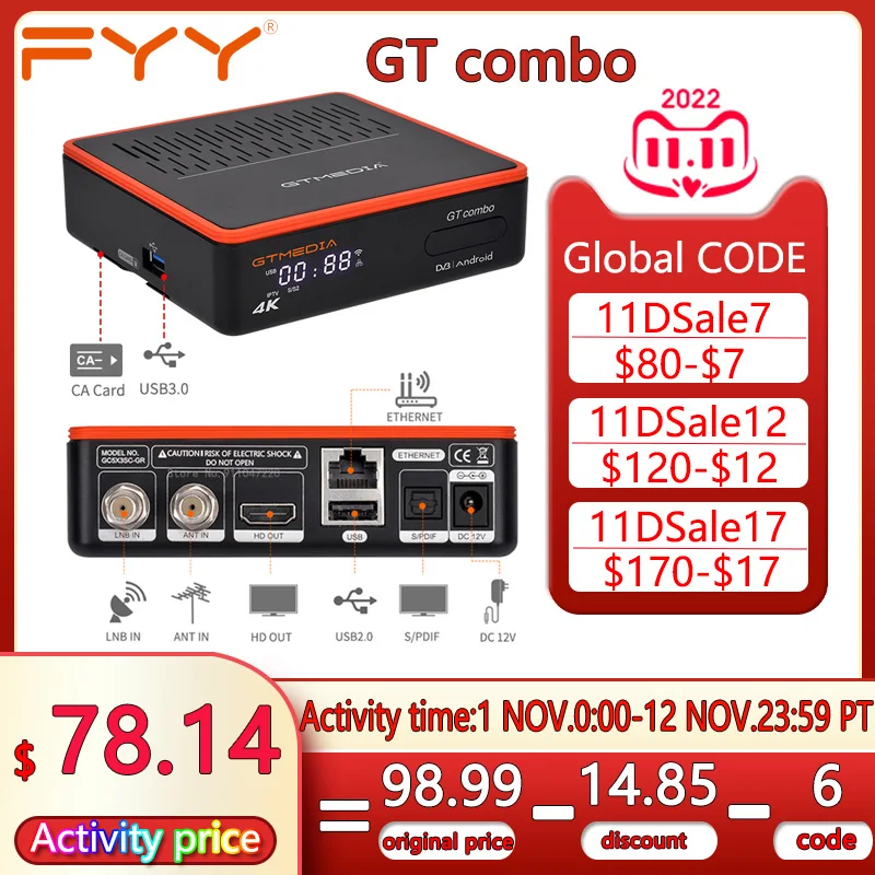 Спутниковый ресивер GTMEDIA GTcombo 4K/8K Ultra HD, умная ТВ-приставка Android 9,0, Φ/T2/кабель ISDBT, декодер M3U H.265 CCam тюнер
Спутниковый ресивер GTMEDIA GTcombo 4K/8K Ultra HD, умная ТВ-приставка Android 9,0, Φ/T2/кабель ISDBT, декодер M3U H.265 CCam тюнер