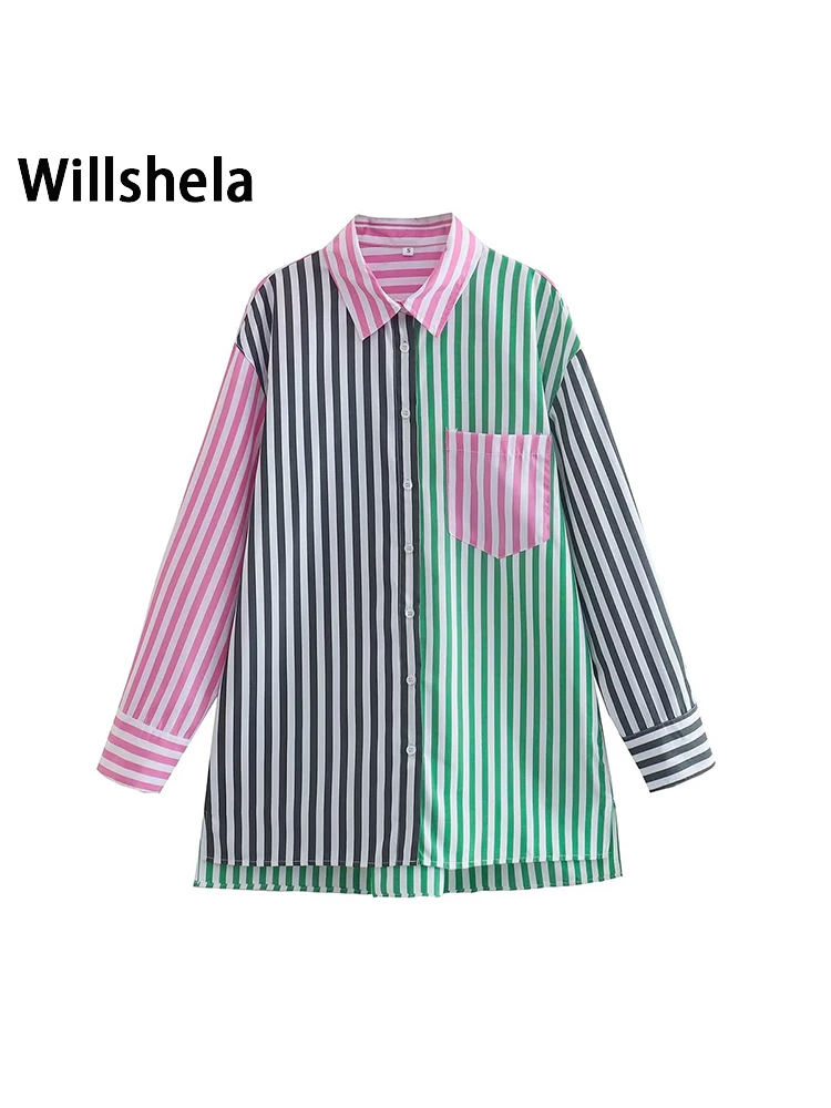 

Willshela Женская модная Лоскутная полосатая однобортная блузка в винтажном стиле с длинными рукавами и отворотом, женские шикарные рубашки