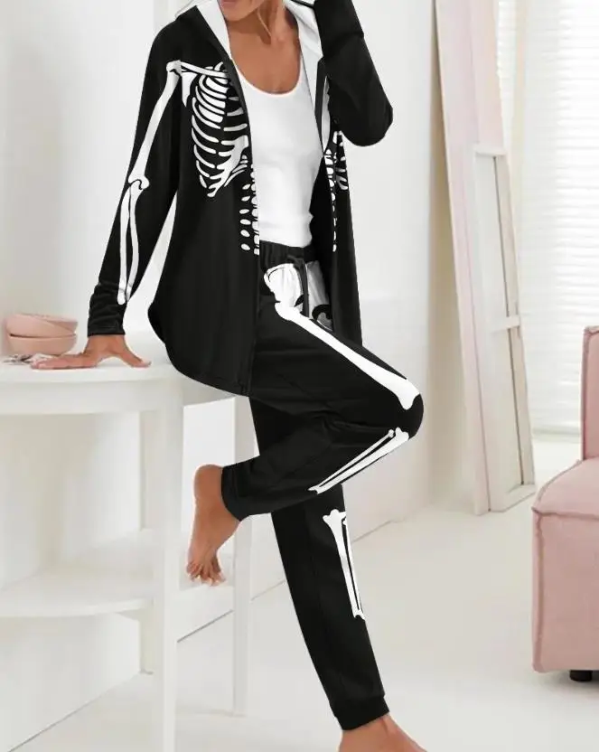 

Two Piece Sets Womens Outifits 2023 Halloween Skeleton Print Hooded Top & Drawstring Pants Set Long Sleeve Homewear