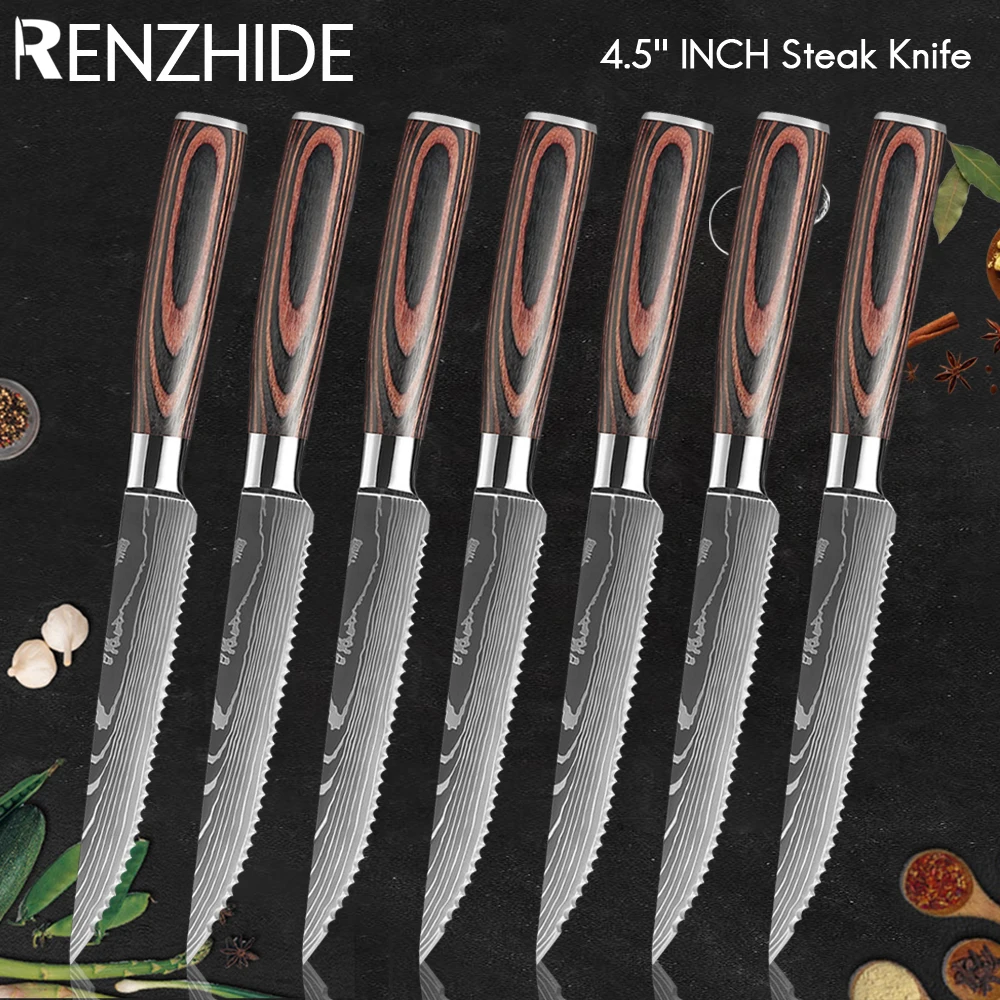 

Набор ножей RZD для стейка, многофункциональный зубчатый резец из нержавеющей стали с Дамасским узором, для приготовления говядины