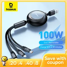 Baseus Retractable 100W/66W 3 in 1 USB Charge Cable For Macbook Samsung Xiaomi USB Type C Cable Charging Cable for iPhone 14