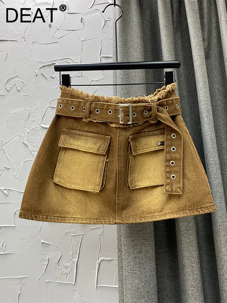 

Женская джинсовая мини-юбка DEAT, коричневая мини-юбка-карго с высокой талией, большими карманами и широким поясом, модель 29L1651 на лето, 2023
