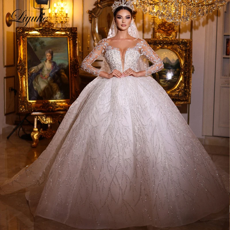 Liyuke Gorgeous Beading Pearls Embroidery Ball Gown Wedding Dress Vestido De Noiva Bling Appliques Full Sleeves For Bride 
Liyuke Gorgeous Beading Pearls Embroidery Ball Gown Wedding Dress Vestido De Noiva Bling Appliques Full Sleeves For Bride