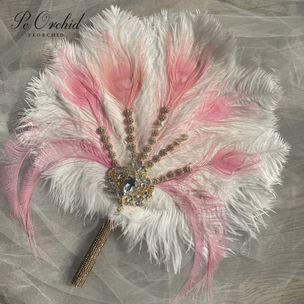 

PEORCHID Ivory&Pink Crystal Bridal Fan Bouquet Ostrich Alternative Feather Gatsby 1902s Wedding Hand Fan Gold Brooch Bouquets