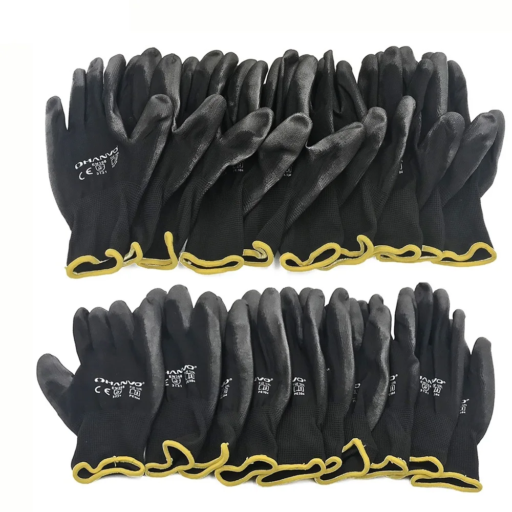 

10 Pairs PU Nitrile Safety Coating Nylon Cotton Work Gloves Palm Coated Gloves Mechanic Working Gloves Have CE EN388