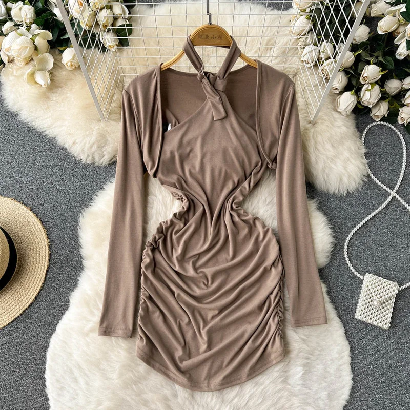 Chic Halter Dress Women Sheath Backless Dresses+Top Folds Vestidos Full Sleeve Female Mini Bodycon De Mujer Clothes Dropshipping 
Chic Halter Dress Women Sheath Backless Dresses+Top Folds Vestidos Full Sleeve Female Mini Bodycon De Mujer Clothes Dropshipping