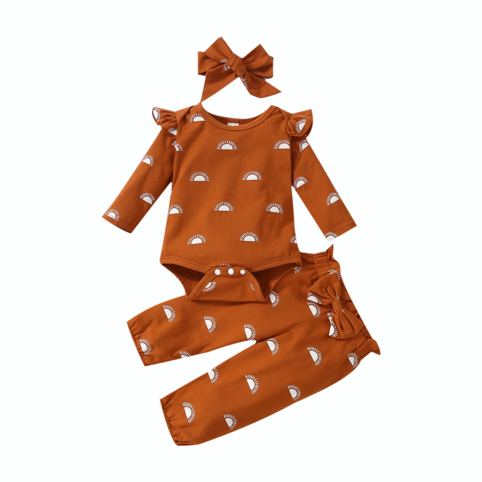 3 Pcs Newborn Sun Print Outfits Toddler Fly Sleeve Round Neck Playsuit + Trousers with Bow + Headband 
3 Pcs Newborn Sun Print Outfits Toddler Fly Sleeve Round Neck Playsuit + Trousers with Bow + Headband