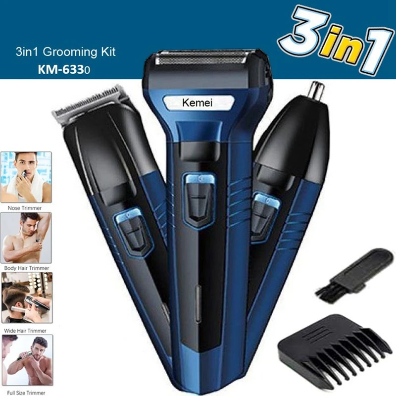 Kemei KM-6330 3 In 1 Rechargeable Hair Clipper Shaver Beard Styling Hair Removal Machine Nose Trimmer For Men EU Plug
Kemei KM-6330 3 In 1 Rechargeable Hair Clipper Shaver Beard Styling Hair Removal Machine Nose Trimmer For Men EU Plug