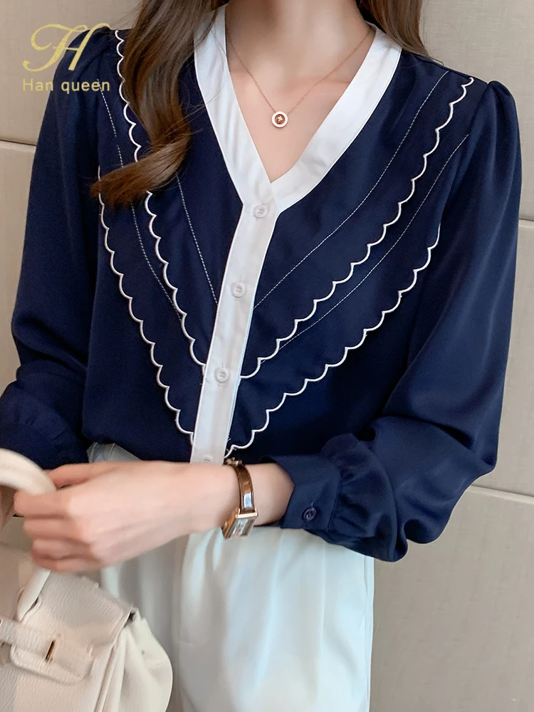 Блузка женская шифоновая с V-образным вырезом и длинным рукавом 
Блузка женская шифоновая с V-образным вырезом и длинным рукавом