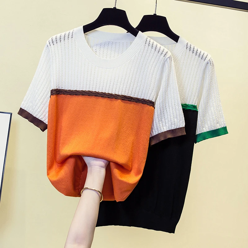 Summer Ice Silk Hollow Knitted Sweater Tshirt Women Elegant Solid Fashion Ladies Knitwear Short Sleeve O-neck Korean Jumper 2023
Summer Ice Silk Hollow Knitted Sweater Tshirt Women Elegant Solid Fashion Ladies Knitwear Short Sleeve O-neck Korean Jumper 2023