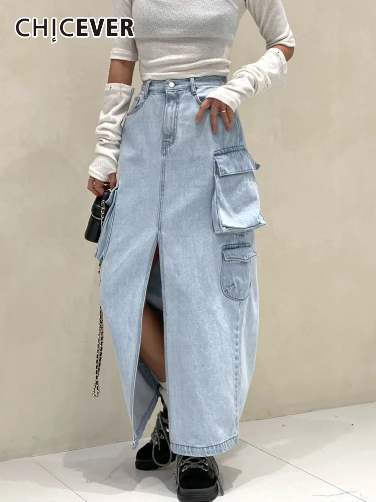 Женская винтажная джинсовая юбка с разрезом, высокой талией и карманами 
Женская винтажная джинсовая юбка с разрезом, высокой талией и карманами