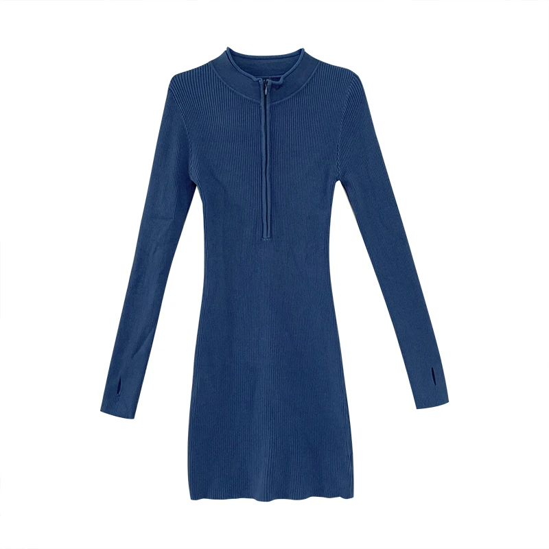 

Ins Fried Street Hot Girl Style Sexy Knitted Dress Female Sapphire Blue Zipper Slim Fit Long Sleeve Narrow Short Skirt