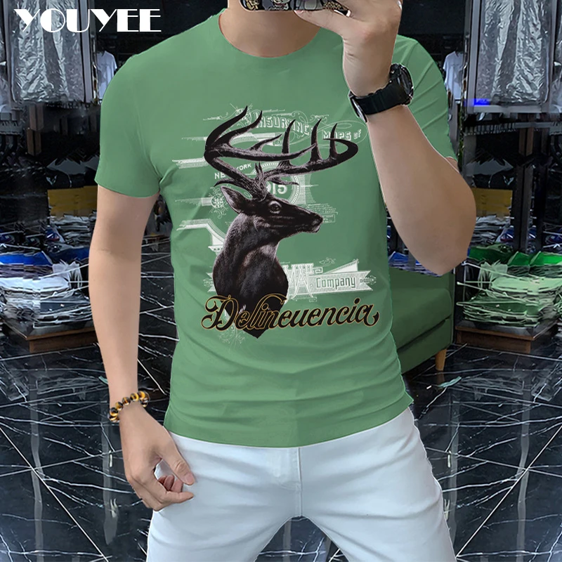 

Summer New Design Men's T-shirt Deer Printed Fashion Male Mercerized Cotton Tees Comfortable High-quality Man Top Green Clothing