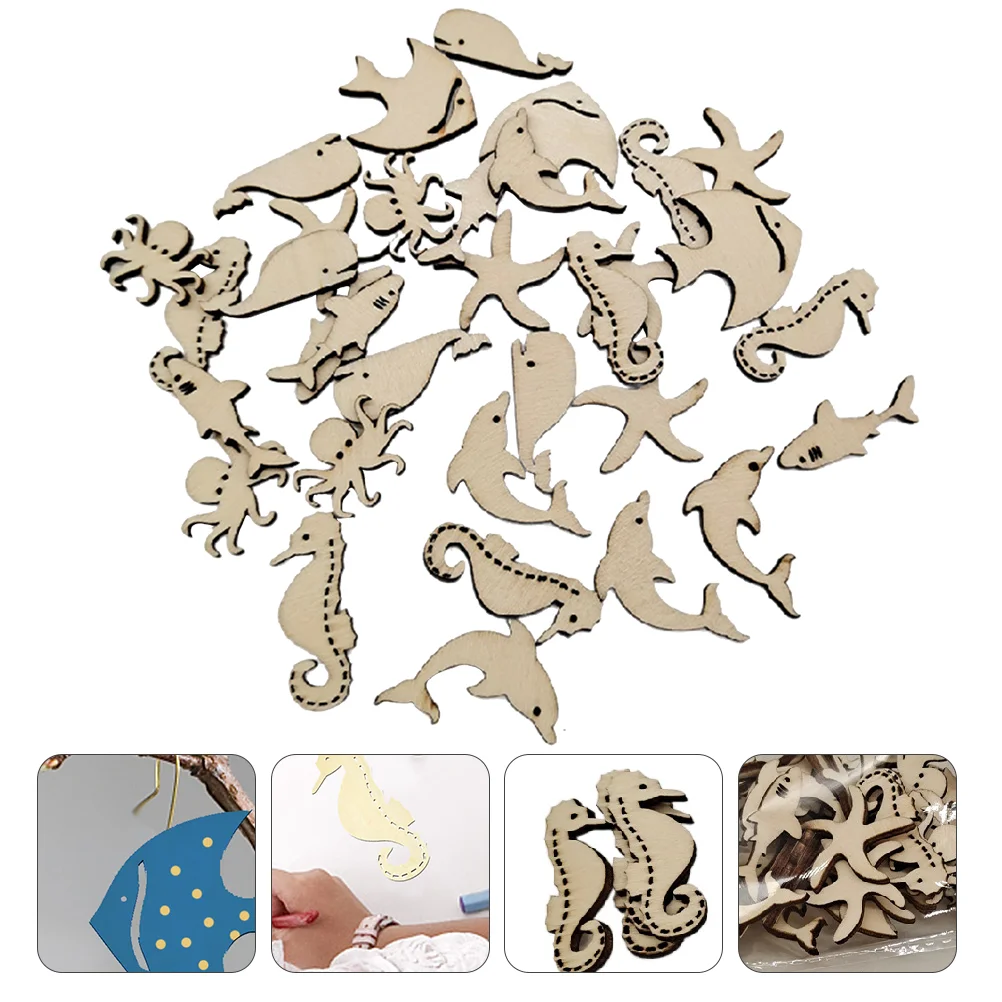 

50 Pcs Marine Animal Wood Chips Wooden Decor Ocean Animals Cutout Decorate Decoration Unfinished Slice Child Ornament