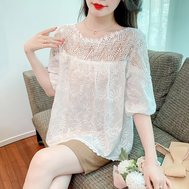 Summer Embroidery Lace Top Loose Casual Crochet White Shirt Patchwork Short sleeve Women blouse
Summer Embroidery Lace Top Loose Casual Crochet White Shirt Patchwork Short sleeve Women blouse