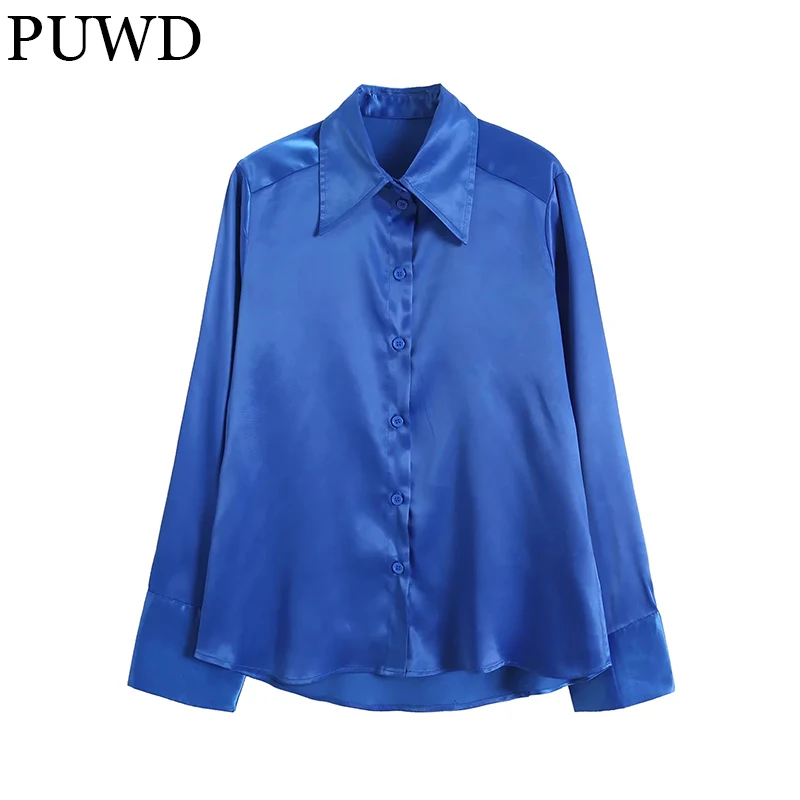 PUWD Commuter Women Silk Satin Textured Blue Shirt 2022 Spring-autumn Office Retro Glossy Ladies Blouse Loose Female Solid Tops
PUWD Commuter Women Silk Satin Textured Blue Shirt 2022 Spring-autumn Office Retro Glossy Ladies Blouse Loose Female Solid Tops