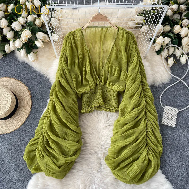 E GIRLS Ins Tops Women New Fashion V Neck Pleated Long Puff Sleeve Short Chiffon Shirt Solid Color Blusa Feminina Blouse Clothes
E GIRLS Ins Tops Women New Fashion V Neck Pleated Long Puff Sleeve Short Chiffon Shirt Solid Color Blusa Feminina Blouse Clothes