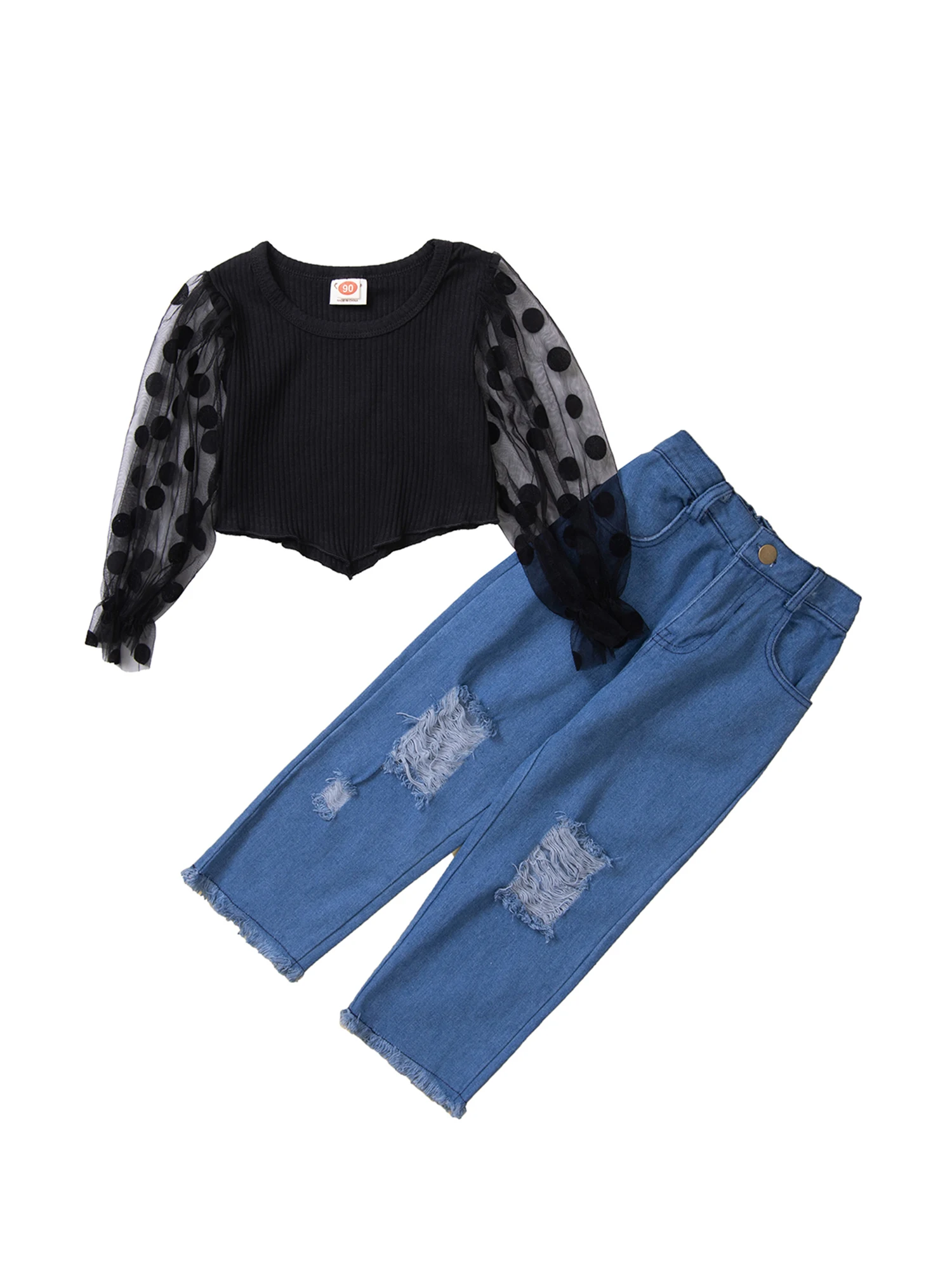 Сетчатые Топы в рубчик с длинным рукавом для маленьких девочек, рваные джинсы, джинсовые брюки, 2 шт., повседневная одежда
Сетчатые Топы в рубчик с длинным рукавом для маленьких девочек, рваные джинсы, джинсовые брюки, 2 шт., повседневная одежда