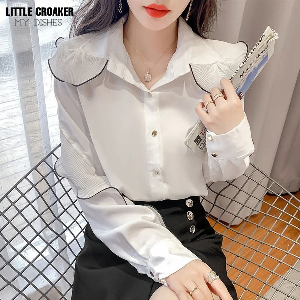 

White Shirt Women Kawaii Peter Pan Collar Blouses Button Up Long Sleeve Cute Ruffle Tops Lolita Style Mori Girl Aesthetic