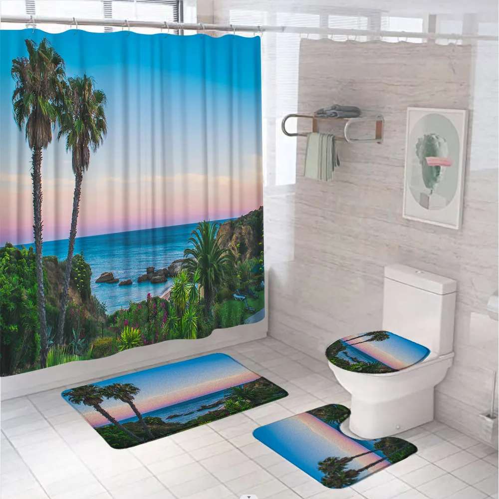 

Ocean Shower Curtain Sets Palm Coconut Tree Sea Waves Coast Natural Scenery Bathroom Curtains Non-Slip Rug Bath Mat Toilet Cover