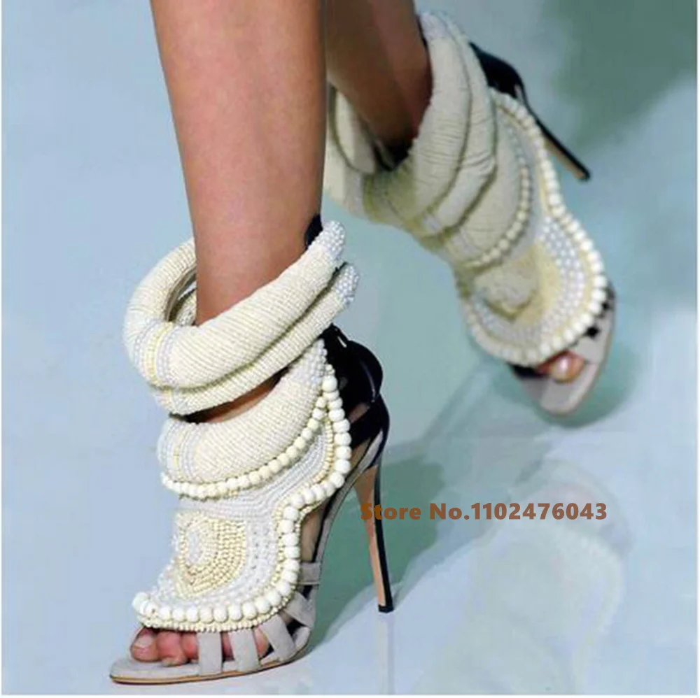 

Luxury Pearl Embellished Peep Toe Roman Sandals Woman Knitted Wool Patched Gladiator High Heel Shoes Ladies Cutouts Dress Heels