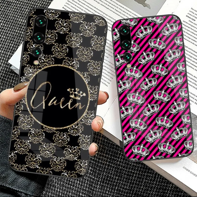 

Luxury Queen Crown Phone Case for Huawei P50 P40 P30 P20 Pro Mate 40 30 20 Pro Nova 9 8 7 PC Glass Cover Funda Shell