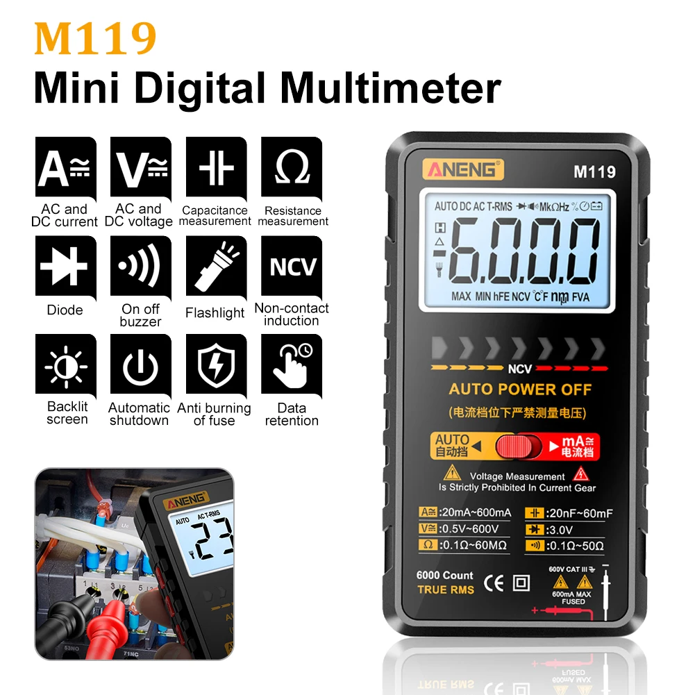 Portable M119 Digital Mini Multimeter Tester 6000 Counts Auto Multimetro Tester AC/DC Ammeter Voltmeter Tester Multimeter Tools
Portable M119 Digital Mini Multimeter Tester 6000 Counts Auto Multimetro Tester AC/DC Ammeter Voltmeter Tester Multimeter Tools