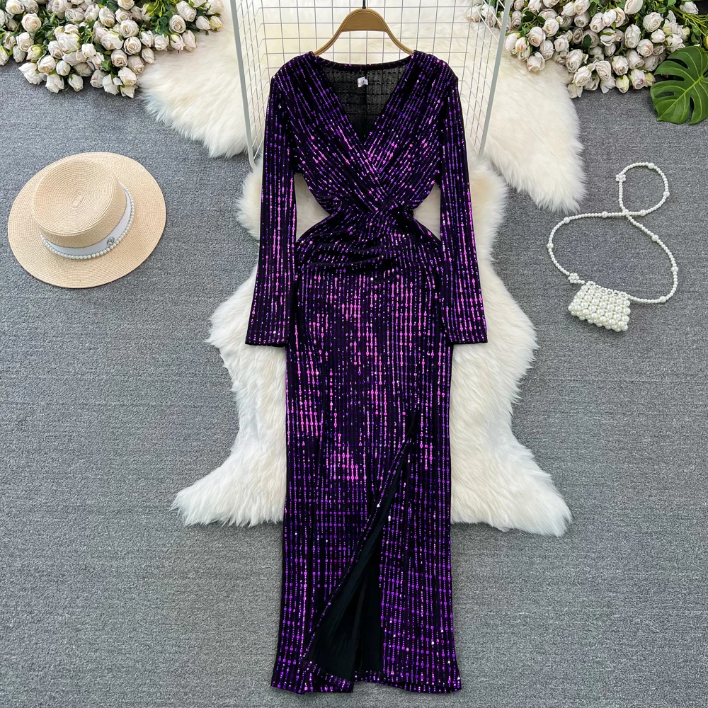 

Clothland Women Sexy Sequined Midi Dress V Neck Long Sleeve Shinning Party Club Event Sheath Dresses Vestido QD076