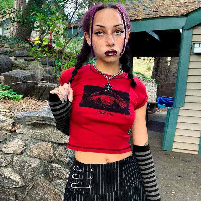 Fashion Goth Lady T-shir Shour Sleeve With Sleever Printing Round Neck Pullover Slim Gothic Style Women T-shirt For Whole Season
Fashion Goth Lady T-shir Shour Sleeve With Sleever Printing Round Neck Pullover Slim Gothic Style Women T-shirt For Whole Season