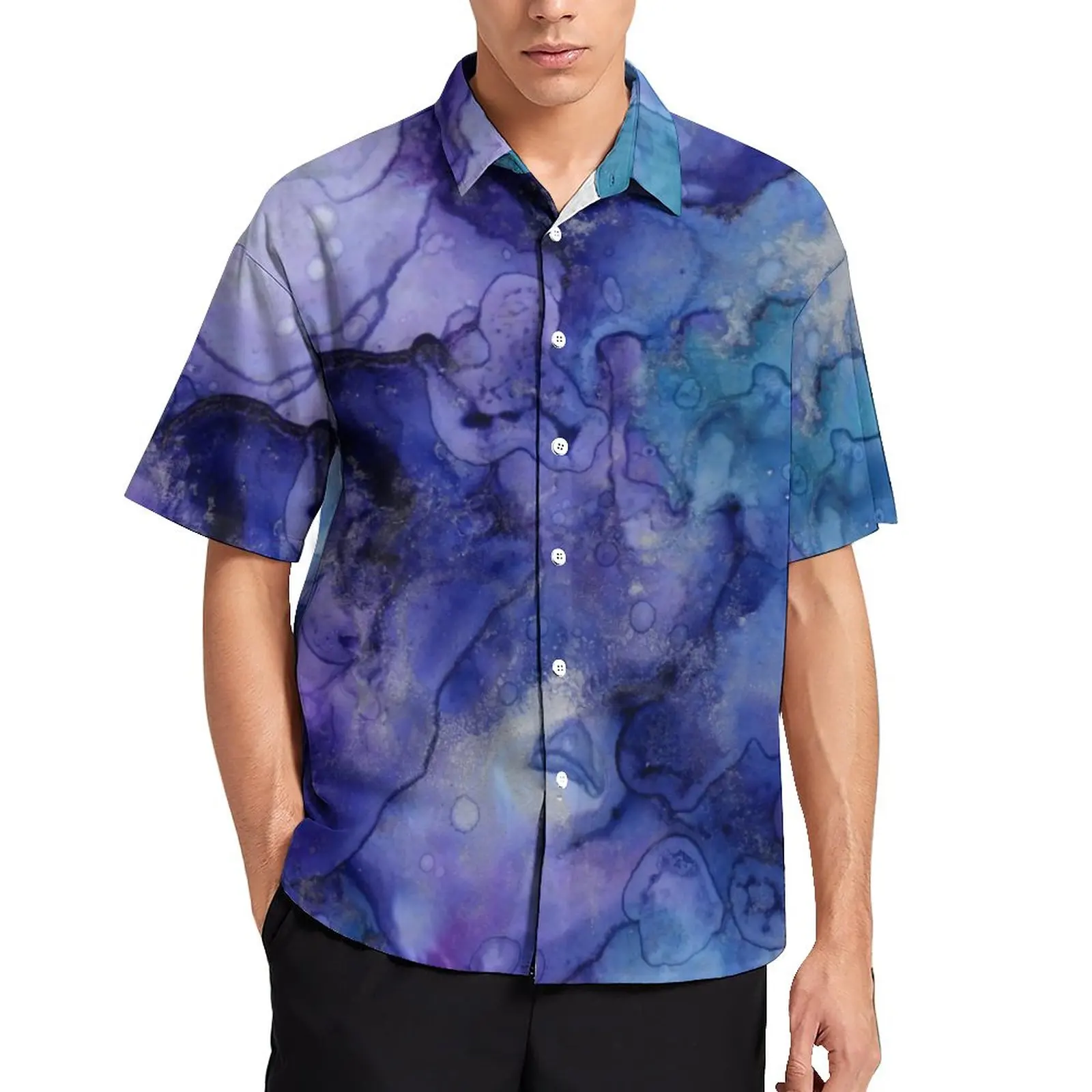 

Marbled Abstract Print Casual Shirts Blue and Purple Liquid Beach Shirt Hawaiian Y2K Blouses Men Print Large Size