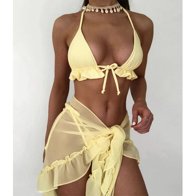 Однотонные бикини 2023, купальный костюм с лямкой на шее, женская одежда для плавания пуш-ап, пикантный купальный костюм с запахом и оборками, комплект бикини на шнуровке, купальник XL 
Однотонные бикини 2023, купальный костюм с лямкой на шее, женская одежда для плавания пуш-ап, пикантный купальный костюм с запахом и оборками, комплект бикини на шнуровке, купальник XL