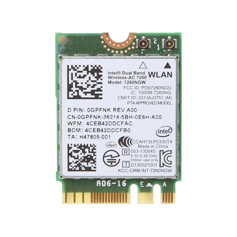 7260NGW NGFF для. 2 беспроводной карты 802,11 ABGN/AC WiFi + Bluetooth-совместимый адаптер для Dell для Intel Прямая поставка 
7260NGW NGFF для. 2 беспроводной карты 802,11 ABGN/AC WiFi + Bluetooth-совместимый адаптер для Dell для Intel Прямая поставка