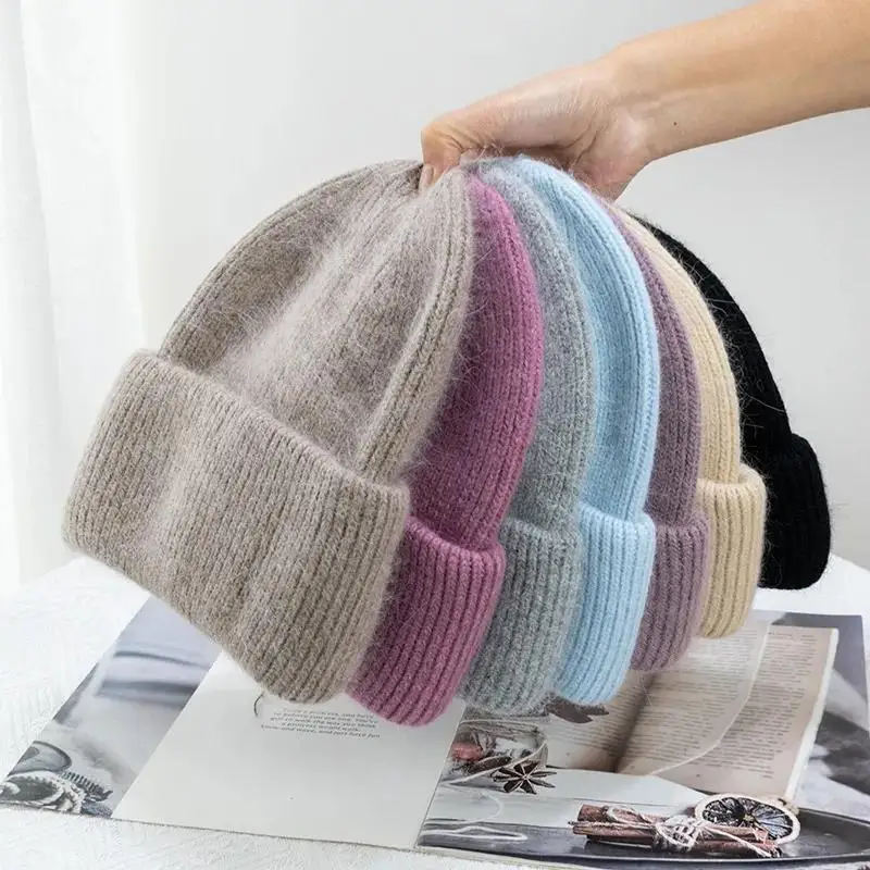 

2023 Solid Thickened Knitted Cap Soft Real Rabbit Fur Three-Fold Soft Style Beanie Cap Lady Autumn Winter Outdoor Sport Warm Hat