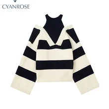 Women Sweaters Striped Fake Two Pieces Off Shoulder Slash neck Pullovers Womens Trendy 2022 Autumn Winter New Chic Knitwear Tops