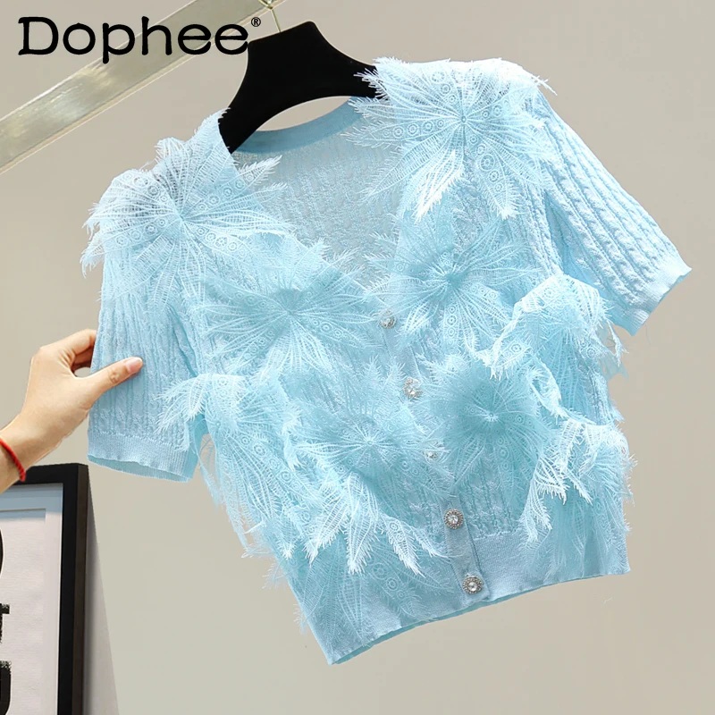 Lace Stitching Sexy V-neck T-shirt High Waist Crop Cardigans Women Summer Korean Slim Fit Solid Short Sleeve Ice Silk Knit Shirt
Lace Stitching Sexy V-neck T-shirt High Waist Crop Cardigans Women Summer Korean Slim Fit Solid Short Sleeve Ice Silk Knit Shirt