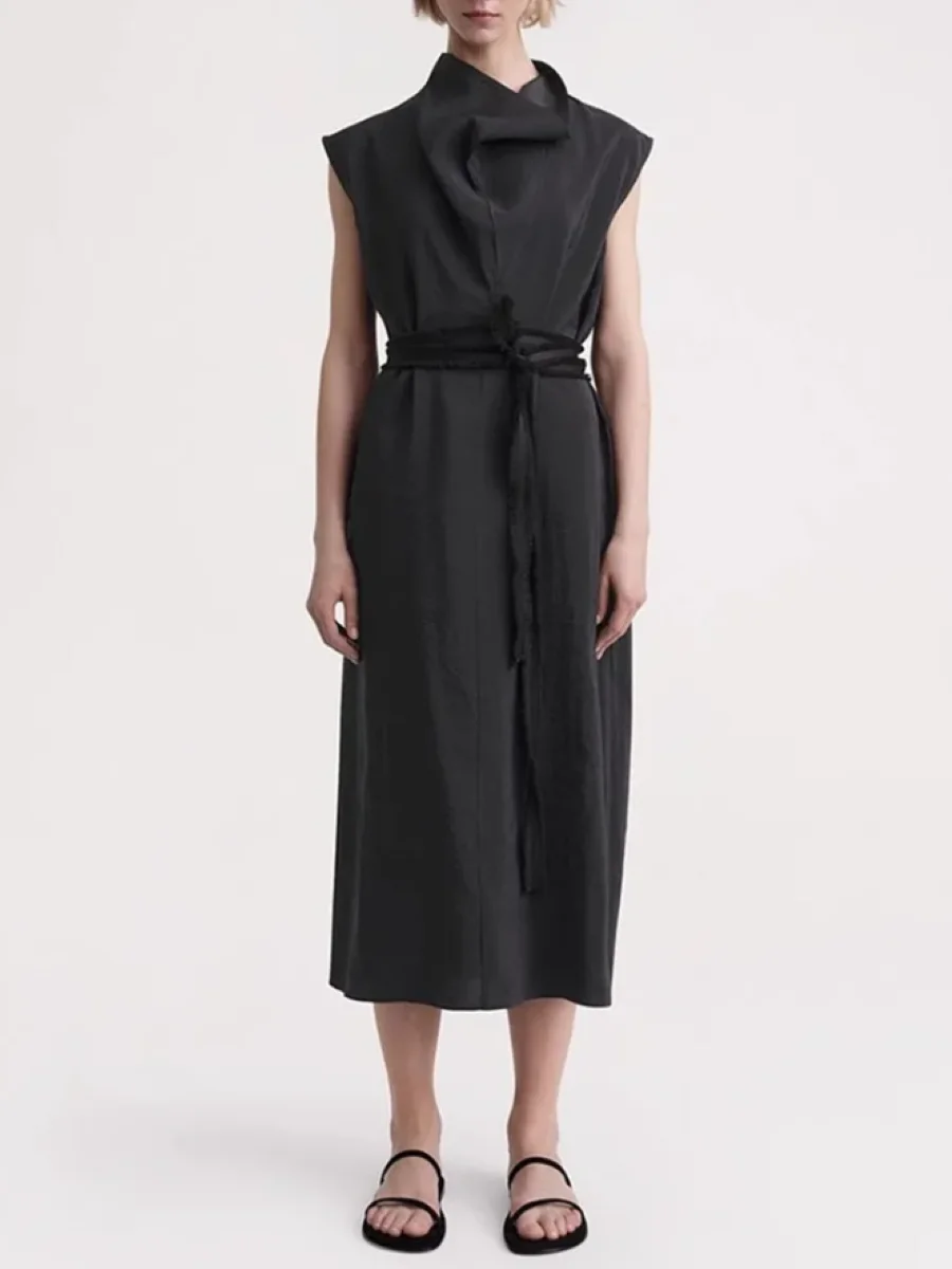 Women Draped Collar Sleeveless Raw Edge Lace Up Solid Color Elegant Midi Dress
Women Draped Collar Sleeveless Raw Edge Lace Up Solid Color Elegant Midi Dress