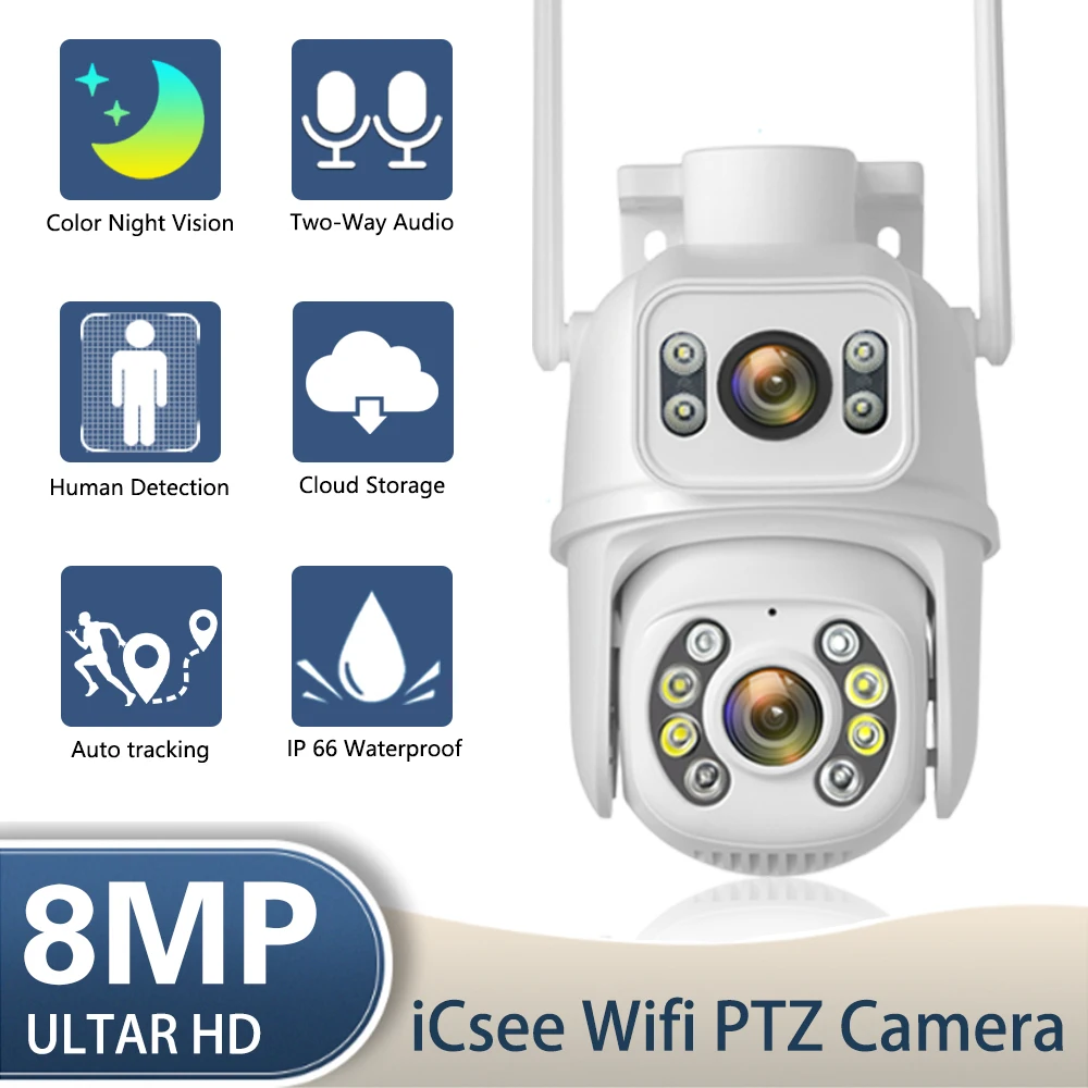 8MP 4K PTZ WIFI Camera Dual Lens with Dual Screen Ai Human Detect Auto Tracking Wireless Outdoor Surveillance Camera iCSee App
8MP 4K PTZ WIFI Camera Dual Lens with Dual Screen Ai Human Detect Auto Tracking Wireless Outdoor Surveillance Camera iCSee App