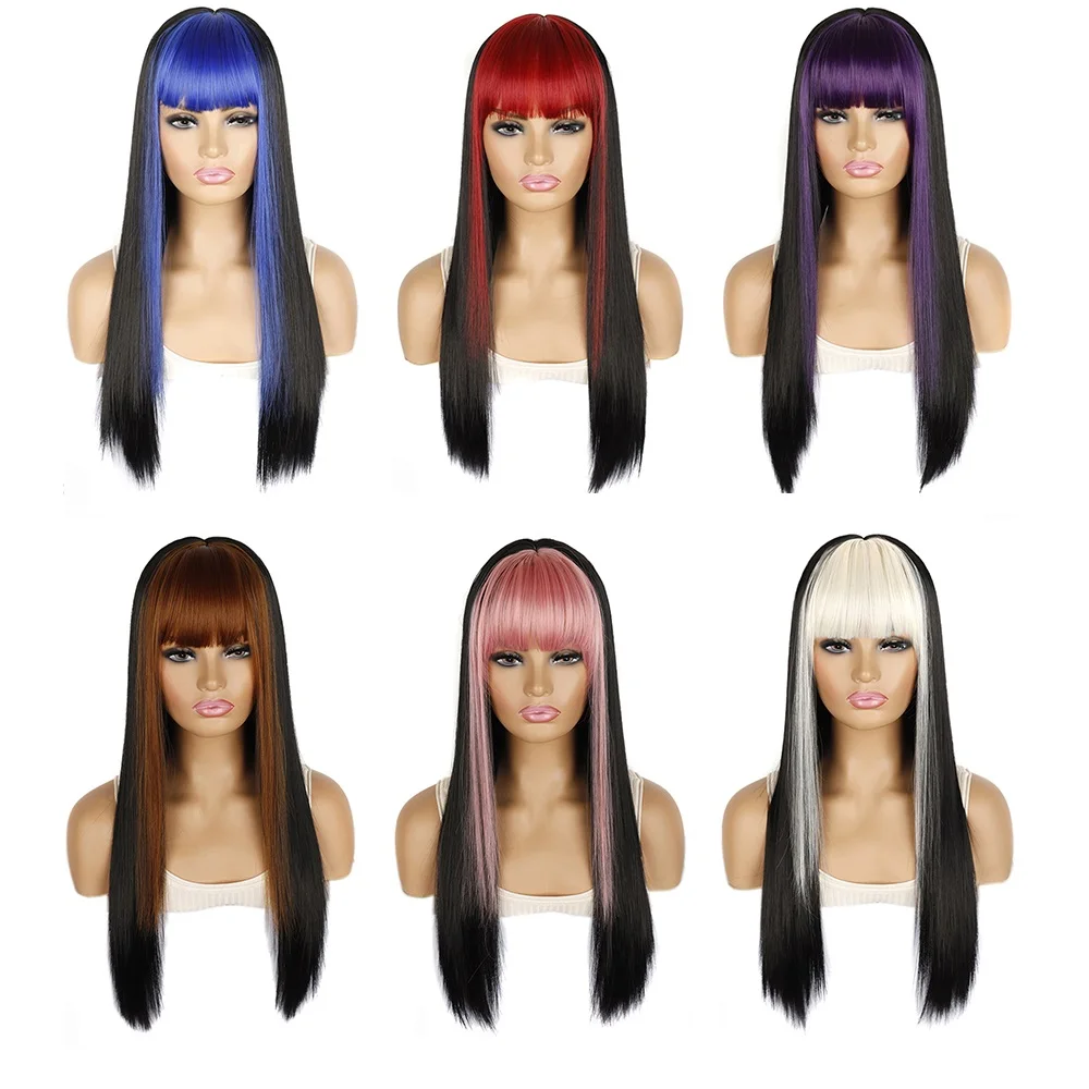 

Leeons Long Straight Hair Wigs With Bangs Two Tone Wig Party Lolita Synthetic Wigs For Black Women Cosplay Wigs Heat Resistant