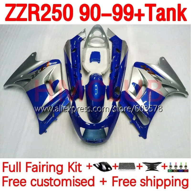 

+Tank Body For KAWASAKI NINJA ZZR250 ZZR-250 90-99 ZZR 250 1990 1999 90 91 92 93 94 95 96 97 98 99 Fairing 200No.187 blue silver