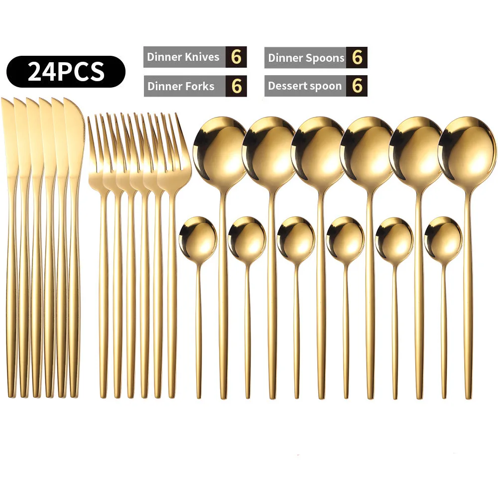 

D2 24pcs Gold Dinnerware Set Stainless Steel Tableware Set Knife Fork Spoon Flatware Cutlery Set Utensils for Kitchen Dinner Set