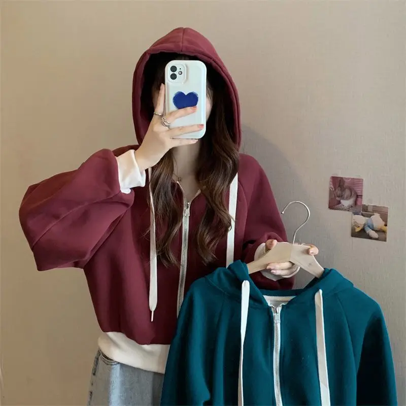 American minimalist hooded drawstring sweater for women autumn new vintage color matching loose short sleeved jacket ins top
American minimalist hooded drawstring sweater for women autumn new vintage color matching loose short sleeved jacket ins top