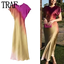 TRAF Tie Dye Long Dress Women Short Sleeve Elegant Dresses For Women 2023 Vintage Midi Satin Dress Woman Evening Party Dresses