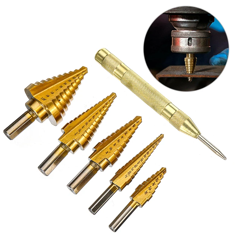 6Pcs HSS Titanium Coated Step Drill Bit Drilling Power Tools Metal High Speed Steel Wood Hole Cutter Step Cone Drill Center Punc
6Pcs HSS Titanium Coated Step Drill Bit Drilling Power Tools Metal High Speed Steel Wood Hole Cutter Step Cone Drill Center Punc