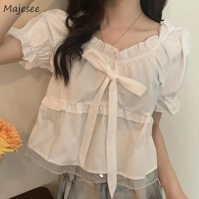 

White Blouses Women Lace-up Leisure Crop Tops Sweet Puff Sleeve Gentle Pretty Princess Designed Loose 2023 French Style Popular