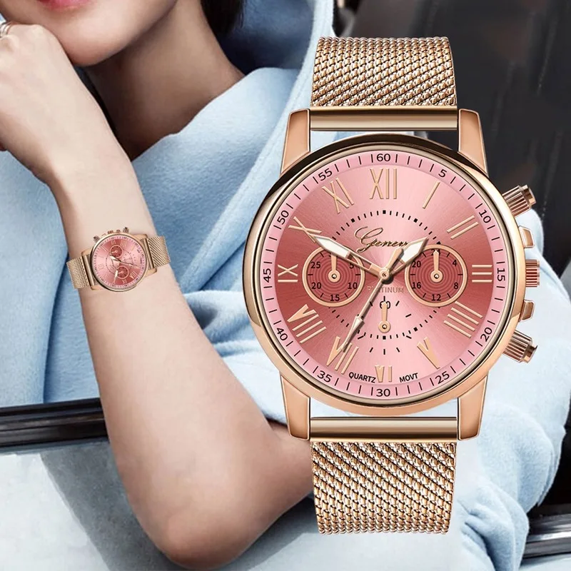 Женские часы роскошного качества на кварцевом механизме со спортивным милитари дизайном, стальным циферблатом, кожаным ремешком и наручным платьем Relogio Feminino Geneva Watch Women on.