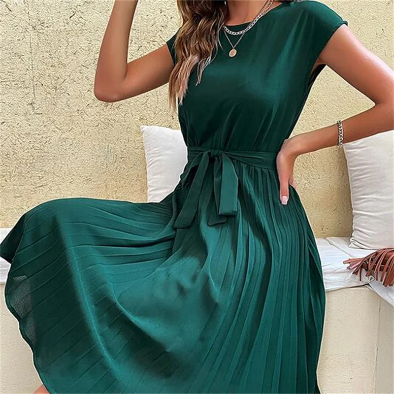 Elegant Women Summer Casual Beach Sundress Short Sleeve Pleated Midi Dress Soild Colour O Neck Tunic Dresses Fashion For Female
Elegant Women Summer Casual Beach Sundress Short Sleeve Pleated Midi Dress Soild Colour O Neck Tunic Dresses Fashion For Female